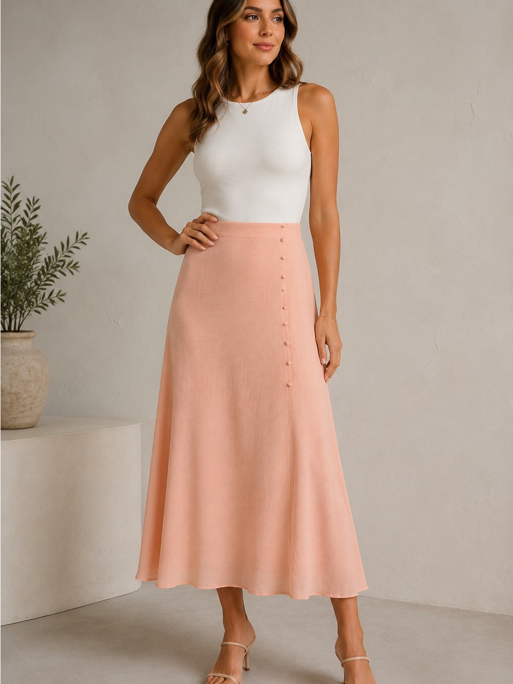 BCBGeneration Blush Pink Textured Midi Skirt Side Buttons A-Line Size M